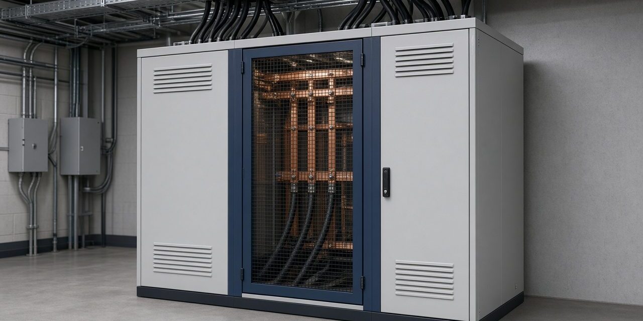 Large industrial voltage stabilizer cabinet with ventilation slots in a plant electrical room