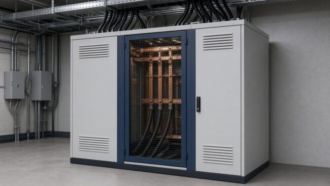 Large industrial voltage stabilizer cabinet with ventilation slots in a plant electrical room