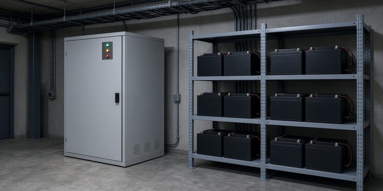 Grey UPS cabinet beside an open rack of black batteries in an electrical room