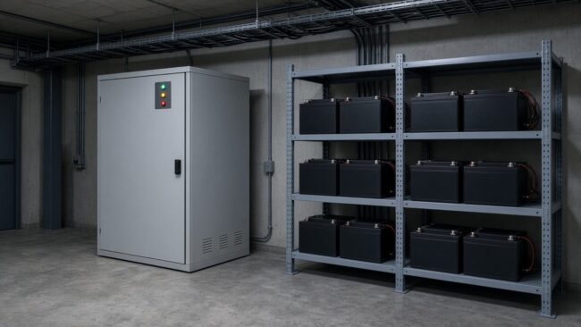 Grey UPS cabinet beside an open rack of black batteries in an electrical room