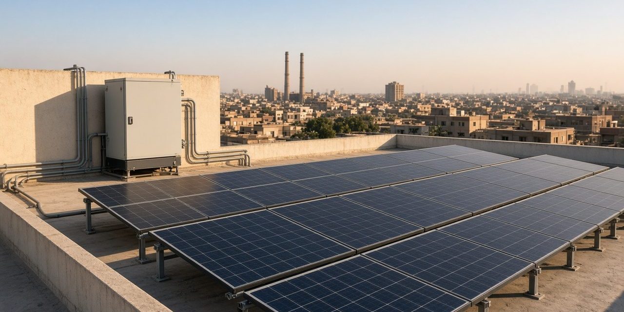 Rows of rooftop solar panels beside a wall-mounted inverter on a commercial building