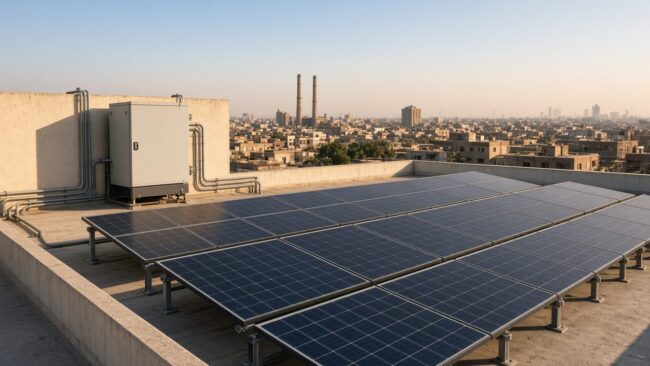 Rows of rooftop solar panels beside a wall-mounted inverter on a commercial building