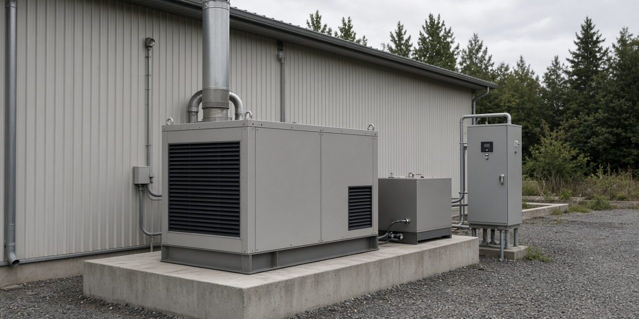 Silent-canopy generator set on a concrete plinth beside an industrial building