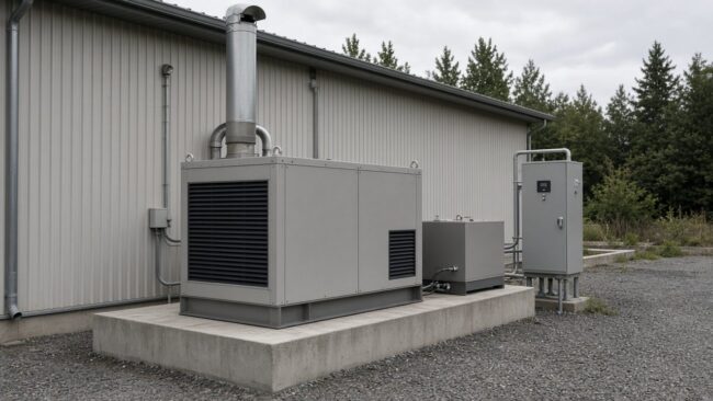 Silent-canopy generator set on a concrete plinth beside an industrial building