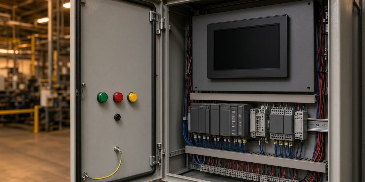 Open industrial control panel with PLC modules on a DIN rail and a dark HMI screen