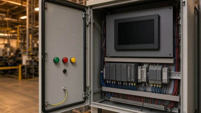 Open industrial control panel with PLC modules on a DIN rail and a dark HMI screen