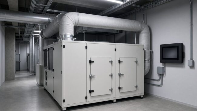 Air handling unit and insulated ducts in a building plant room
