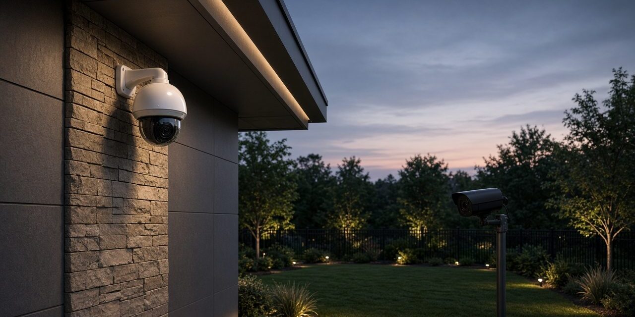 Dome camera under a building eave and a bullet camera overlooking a lit yard at dusk