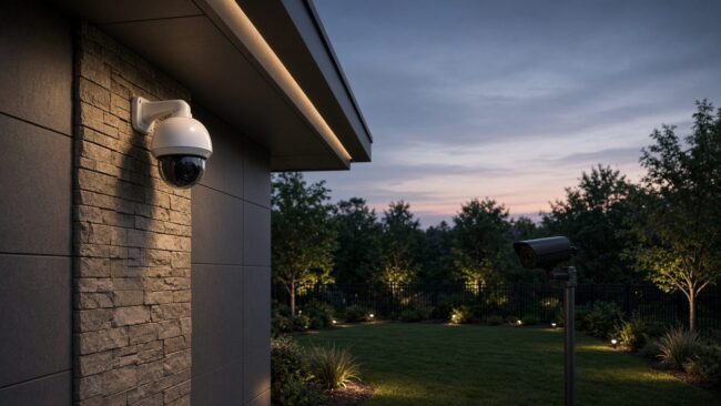 Dome camera under a building eave and a bullet camera overlooking a lit yard at dusk