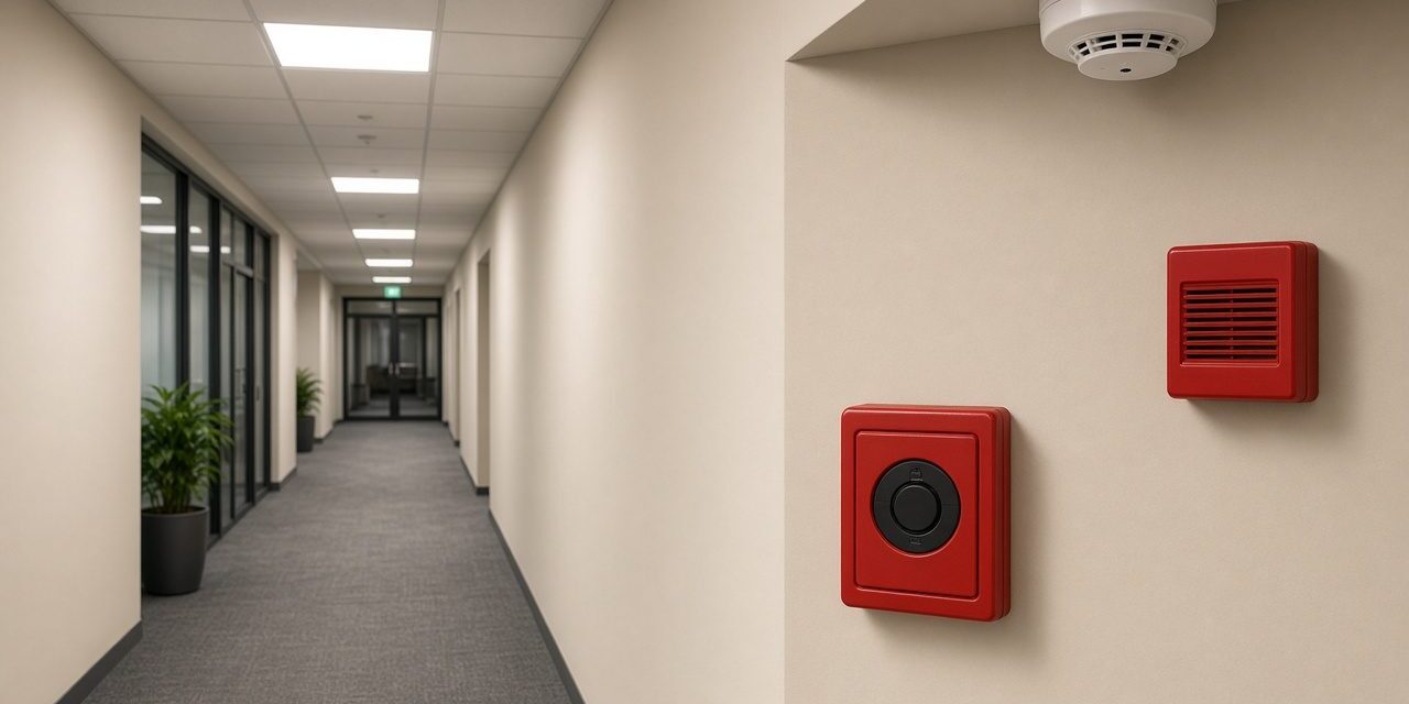Smoke detector, manual call point, and sounder on the wall of an office corridor