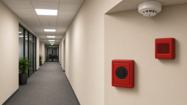 Smoke detector, manual call point, and sounder on the wall of an office corridor
