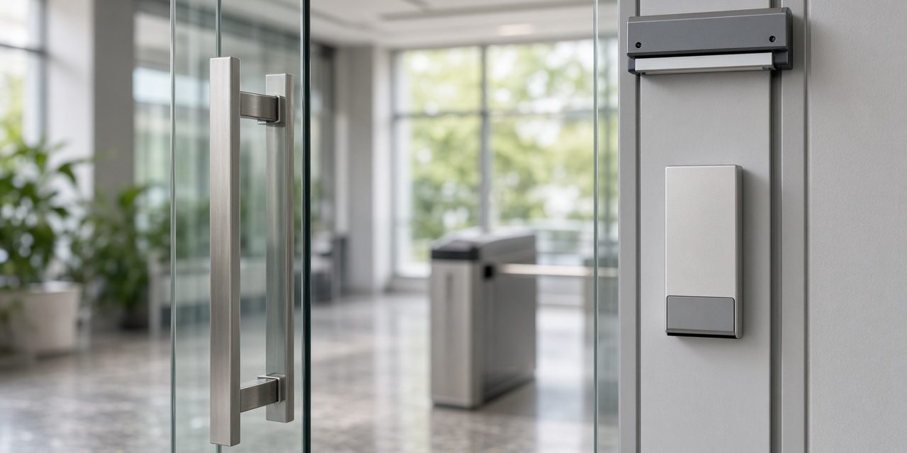 Card reader and magnetic lock on a glass office door in a daylight lobby
