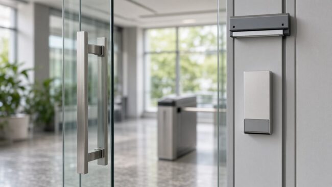 Card reader and magnetic lock on a glass office door in a daylight lobby