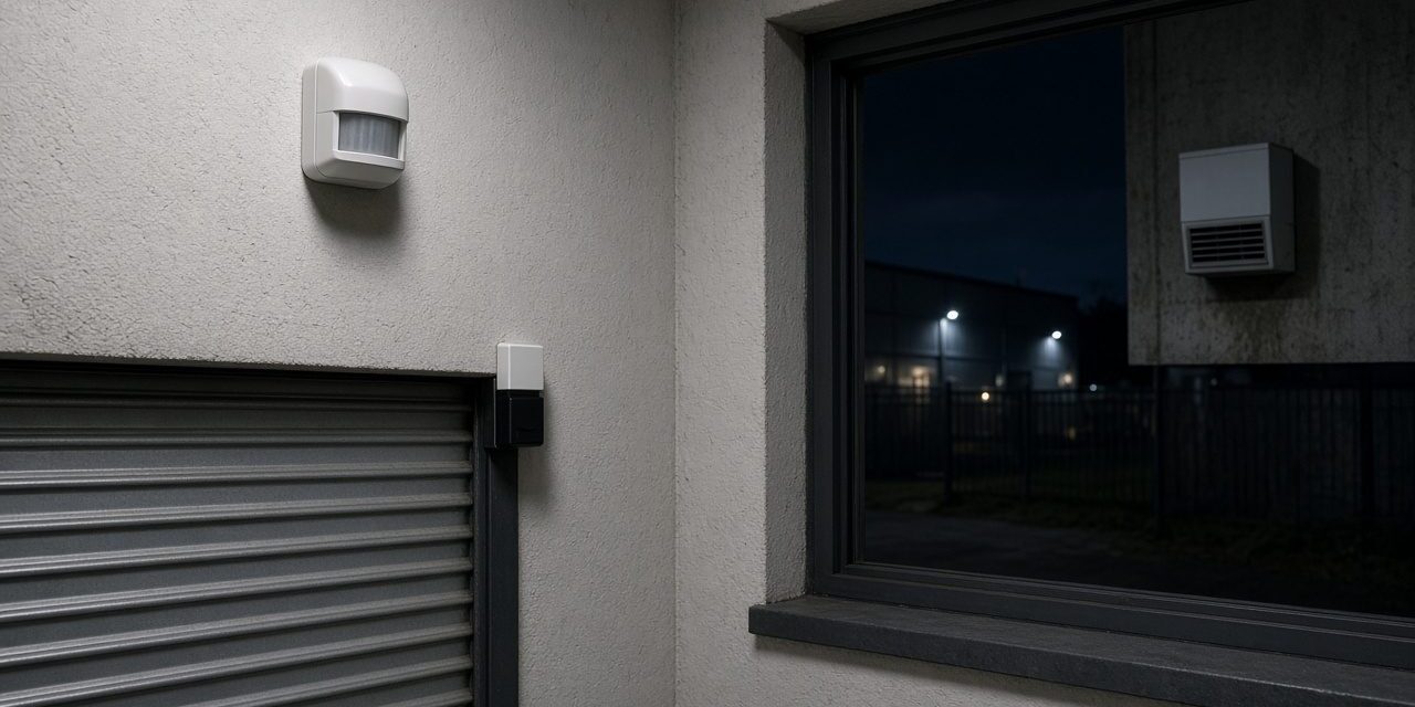 Motion detector high on a warehouse wall beside a roller door at night