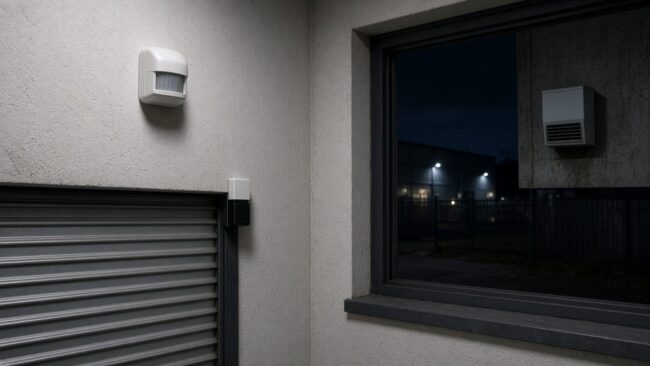 Motion detector high on a warehouse wall beside a roller door at night