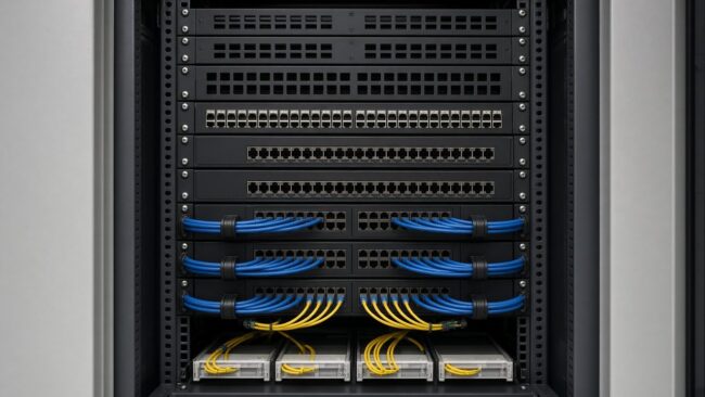 Network rack with patch panels and neatly bundled cables in a comms room