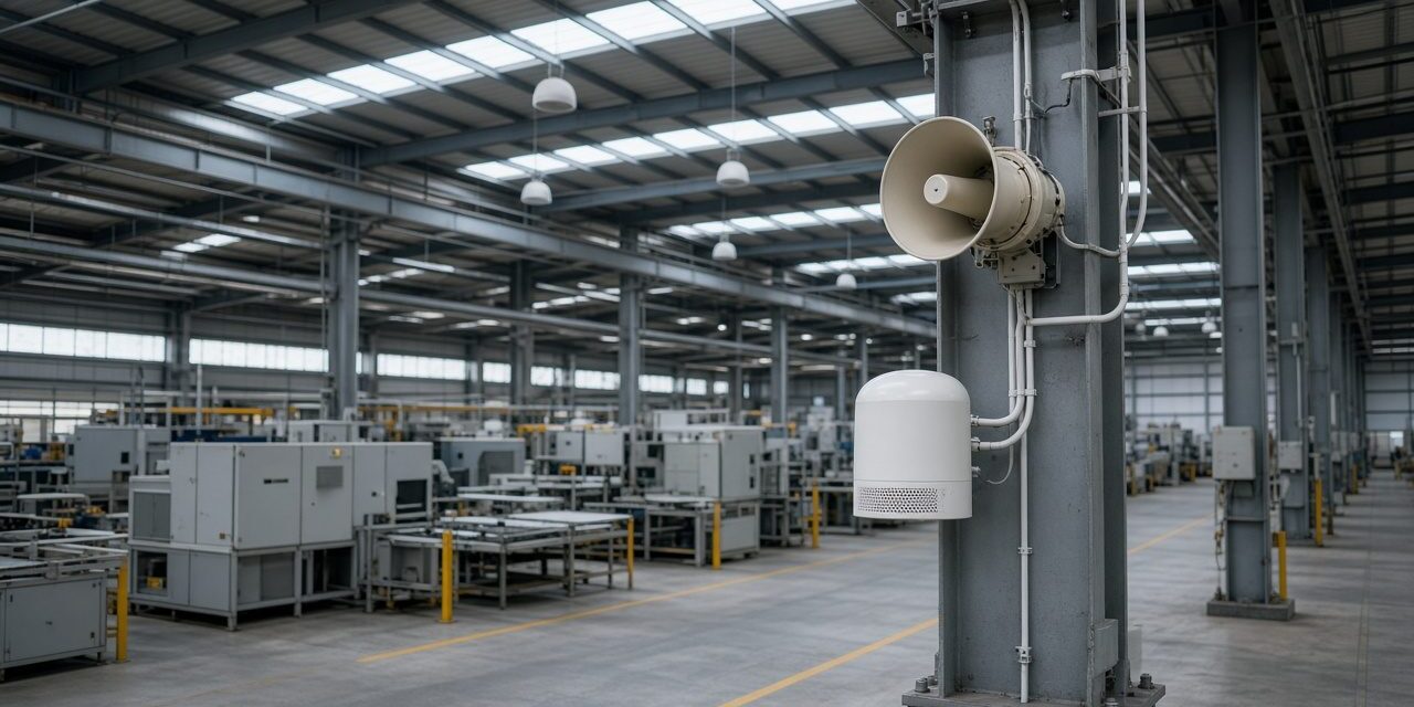 Ceiling speakers and a horn loudspeaker on a column inside a factory hall