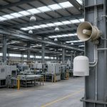 Ceiling speakers and a horn loudspeaker on a column inside a factory hall