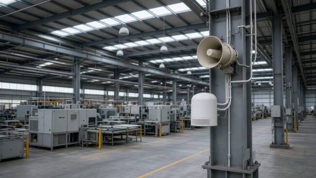 Ceiling speakers and a horn loudspeaker on a column inside a factory hall