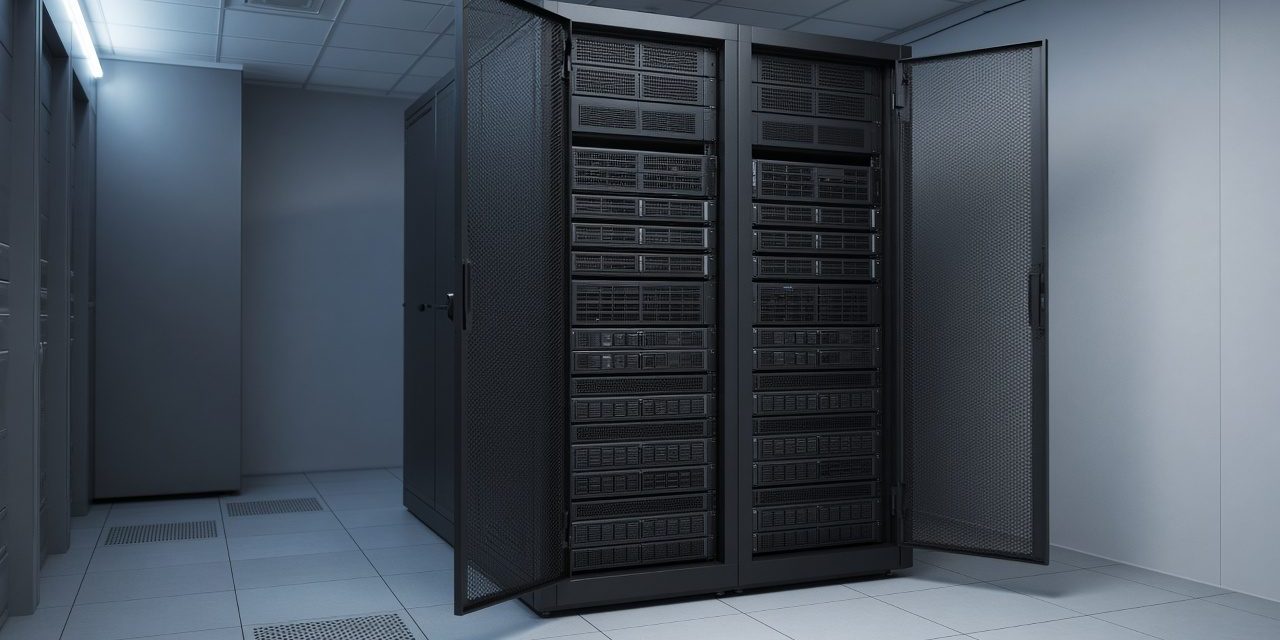 Open server rack with storage units in a cool server room