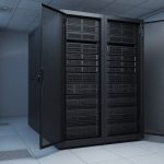 Open server rack with storage units in a cool server room