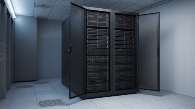Open server rack with storage units in a cool server room