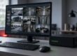 PC monitor showing a grid of live security camera views next to a network video recorder