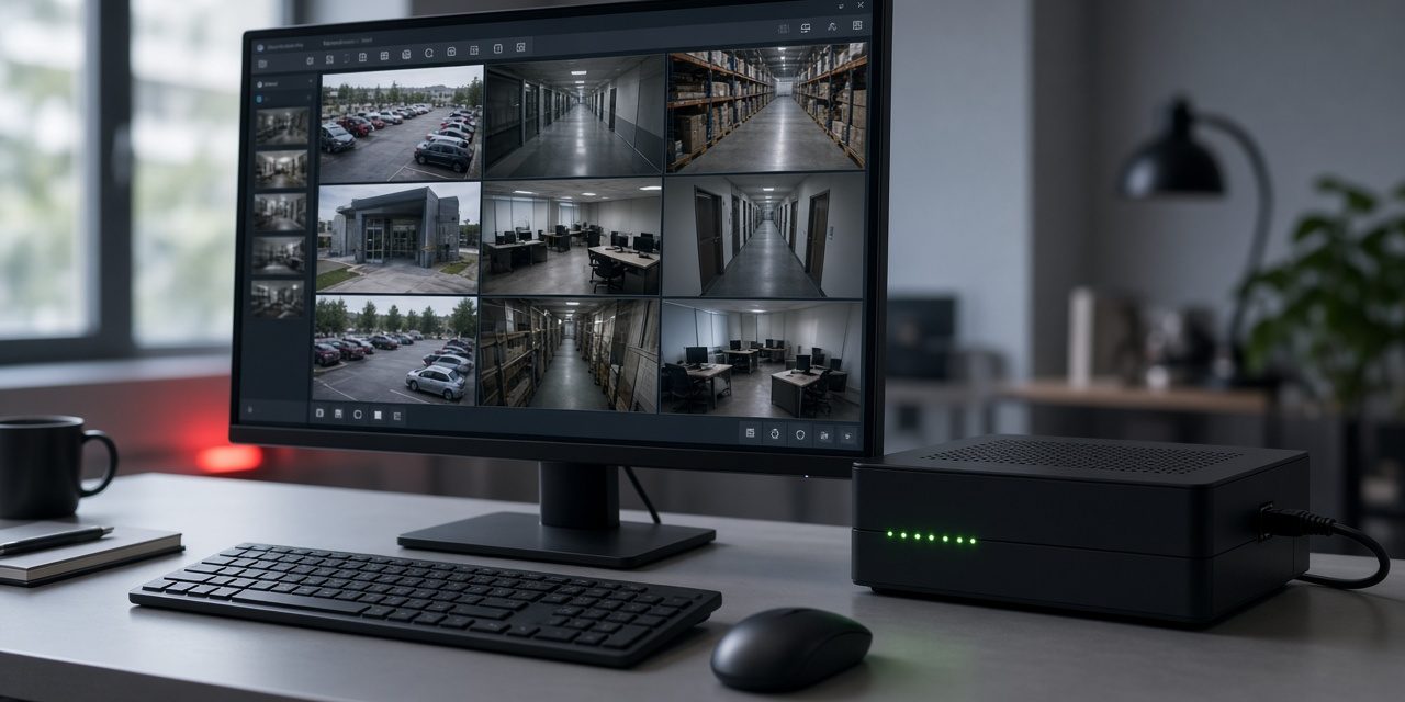 PC monitor showing a grid of live security camera views next to a network video recorder