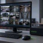 PC monitor showing a grid of live security camera views next to a network video recorder