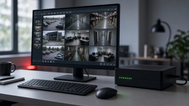 PC monitor showing a grid of live security camera views next to a network video recorder